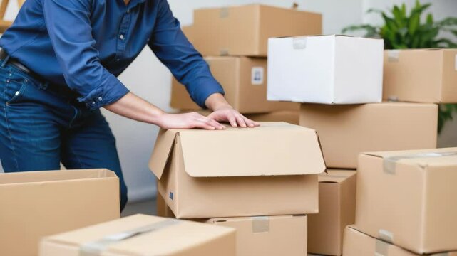 Person unpacking boxes in a workspace setting.