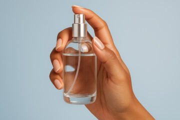 Elegant hand holding clear glass perfume spray bottle on light blue background, showcasing minimalist cosmetic fragrance packaging