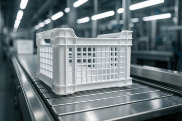 Empty plastic crate on automated conveyor belt in modern factory interior, focus on clean production environment and logistics