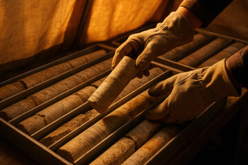 Geologist examining rock core samples in protective gloves for mineral exploration and geological analysis at mining site