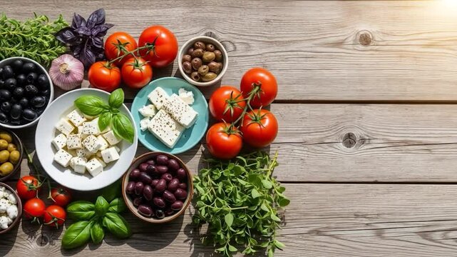 A sunlit rustic wooden surface displays an array of Mediterranean ingredients bowls of olives (black and green), feta cheese, cherry tomatoes, sprigs of oregano and basil, and a clove of garlic