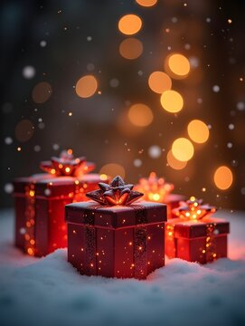 Festive Christmas Gift Boxes with Snow and Bokeh Lights for Holiday Greeting Cards