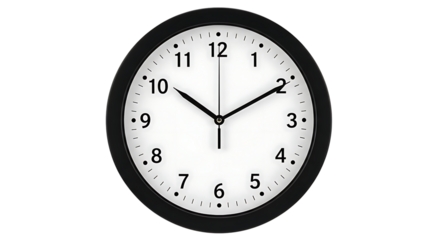 A clock with a white face and numbers showing ten past two with a round frame around the clock face on transparent background