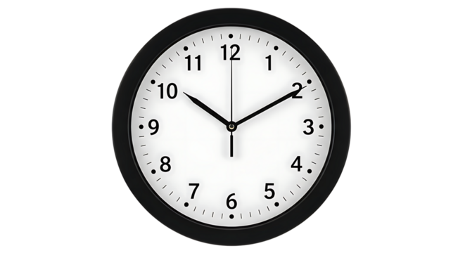 A clock with a white face and numbers showing ten past two with a round frame around the clock face on transparent background
