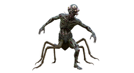 Fototapeta premium Gruesome monster creature with multiple eyes and spindly limbs against a black transparent background featuring a decaying flesh appearance