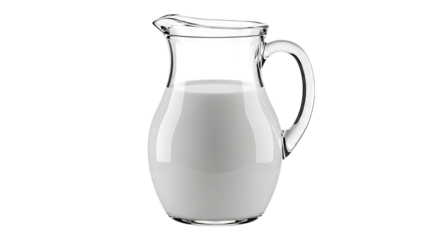 A clear glass pitcher filled with a creamy liquid beverage isolated against a stark solid plane on transparent background
