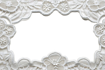 Elegant white lace frame border isolated on a white background