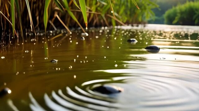 Sunlit tranquil river reflecting green foliage with ripples from smooth stones skipping across the water surface and droplets hanging from leaves.
