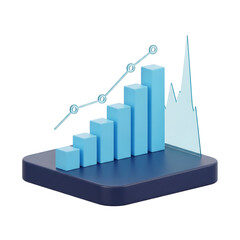 Isometric illustration of a rising bar graph with a line graph on a platform, showing growth on transparent background