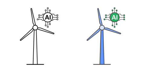 AI-powered wind turbine icon in outline and color styles, symbolizing smart renewable energy generation and intelligent wind power optimization.