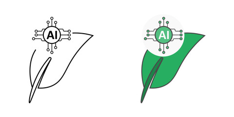 AI chip inside green leaf icon in outline and color styles, representing eco-friendly artificial intelligence, green innovation, and sustainable smart technology.