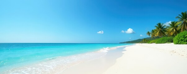 Clear blue sky, white sand beach, gentle waves lapping shore , ocean, travel