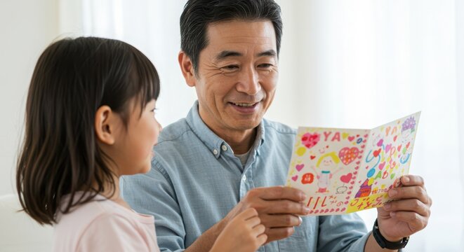 Father’s day father's day card asian family moment happy dad with daughter handmade gift love and appreciation together 100 isolated on a white background - Powered by Adobe
