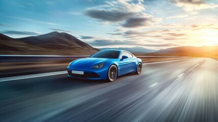 Obraz premium Blue sports car driving fast on a highway at sunset, mountains in background.