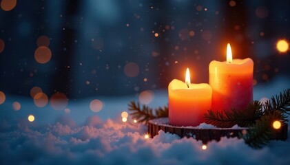 Flickering candle flames & twinkling fairy lights illuminate a winter scene, romantic, fire