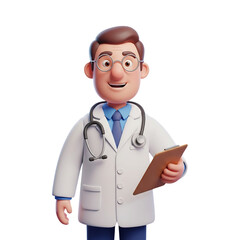 Fototapeta premium Cartoon doctor holding a clipboard wearing glasses and a stethoscope in a white lab coat attire on transparent background