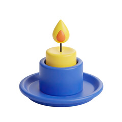 A cartoon candle with a yellow body and flame sitting in a blue candle holder and plate object on transparent background