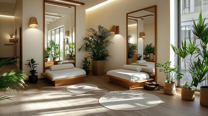Calm, light-filled space with wooden benches, large mirrors, and lush greenery.  Soft, natural light streams in
