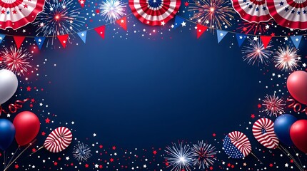 Patriotic Fourth of July Background Fireworks, Balloons, and Festive Decorations