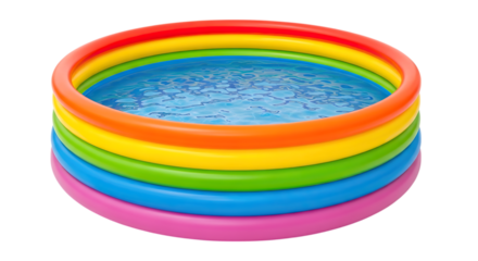 A vibrant inflatable kiddie pool filled with water featuring rainbow hued rings stacked on top of each other on transparent background