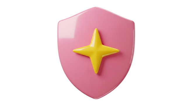 A pink shield with a yellow star shape emblem centered on it in a rendered image style object on transparent background - Powered by Adobe