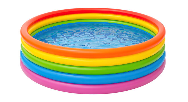 A vibrant inflatable kiddie pool filled with water featuring rainbow hued rings stacked on top of each other on transparent background