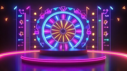Neon-lit wheel of fortune on a stage with vibrant geometric patterns and glowing lines.