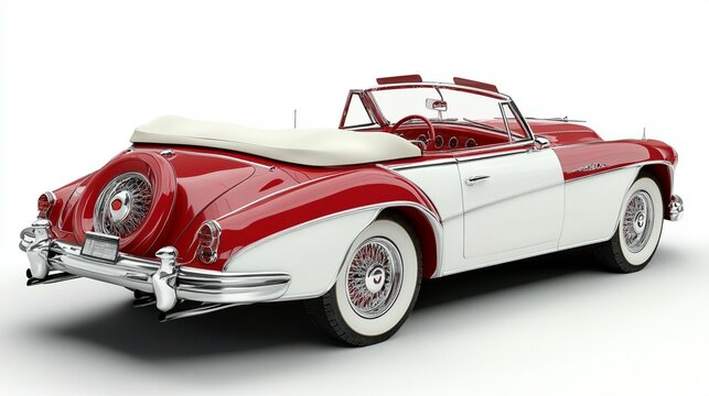 Classic red and white convertible car, rear view.  Chrome accents,  vintage style,  open top - Powered by Adobe