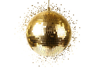 Golden disco ball with confetti isolated on a white background