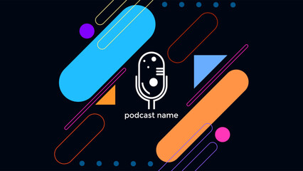 PODCAST DARK BACKGROUND WITH GEOMETRIC LINE AND DIAGONAL SHAPES BLUE ORANGE PURPLE PINK FLAT COLOR SIMPLE TEMPLATE DESIGN VECTOR. GOOD FOR COVER DESIGN, BANNER, WEB,SOCIAL MEDIA