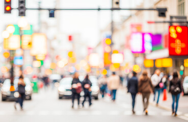 Obraz premium Blurred street scene with people walking traffic lights and building facades.Premium urban photos for poster, banner and pamphlet backgrounds