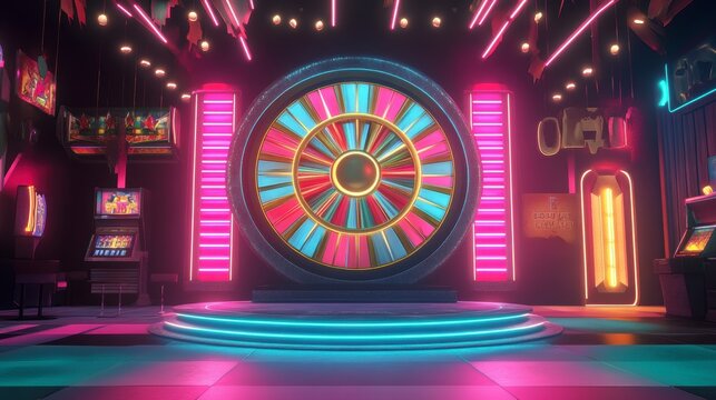 Retro game show studio set with neon lights, wheel, and slot machines.