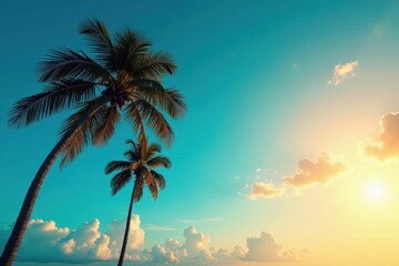 Deep azure sky, majestic palm trees silhouette against sunlight , landscape, horizon, silhouette