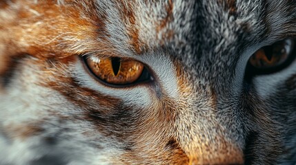 Close-up of a cat's intense, amber eyes and fur. Detailed view of a tabby cat's face, showcasing intricate patterns and textures