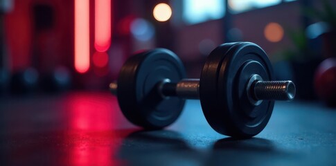 Sleek black dumbbell, red blue bokeh  Fitness, strength ,  close-up,  vibrant,  exercise