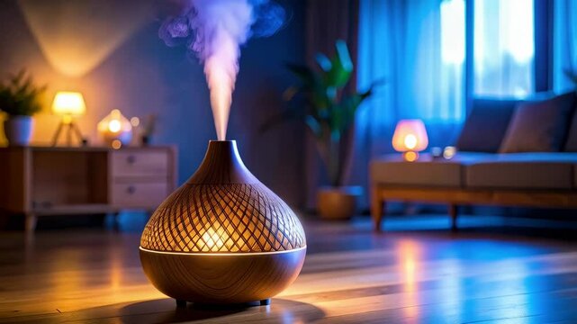 Aroma diffuser emitting mist on a wooden floor in a softly lit living room with plants and a sofa creating a relaxing atmosphere