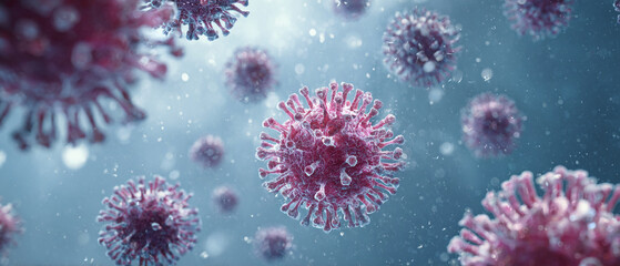Obraz premium Close up view of several pink viruses floating in a blue liquid with small particles surrounding them