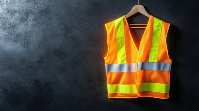 High-visibility vest hanging on black wall, reflective stripes gleaming under spotlight