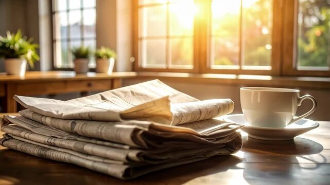 Morning sunlight shines on a stack of newspapers, a cup of coffee and indoor plants on a wooden table in a bright and cozy interior room