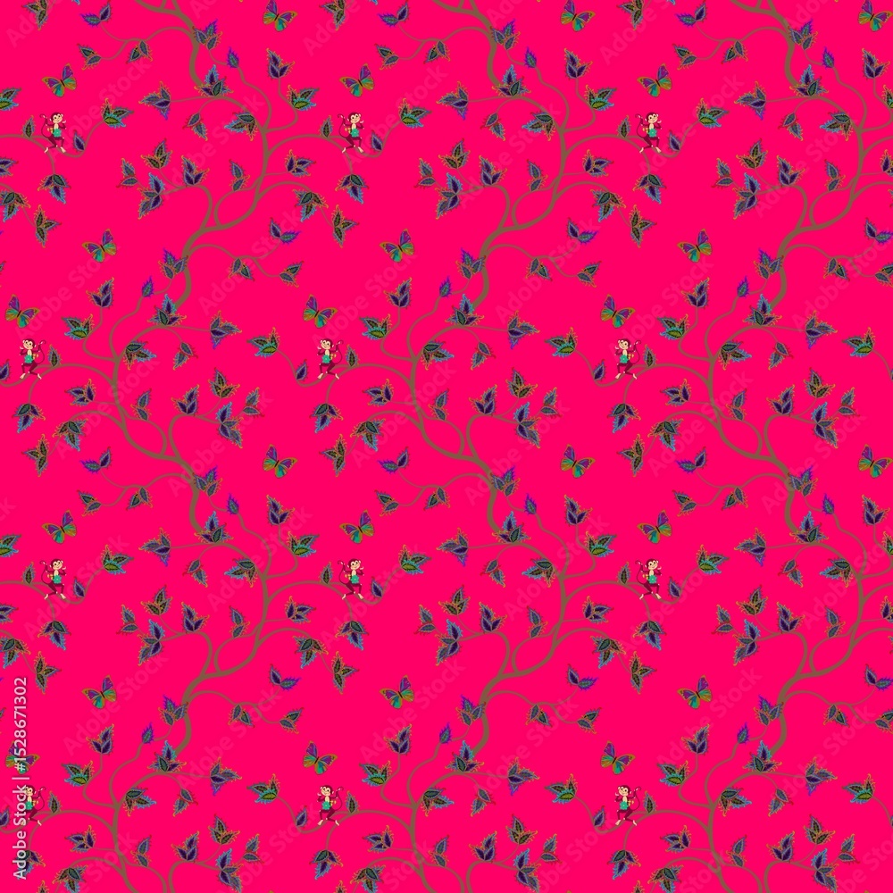 Sticker cute funny monkeys on branches of fairy trees on a raspberry background seamless summer pattern. bea