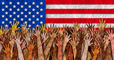 US Protest as American people protesting as upset angry protesters hands up in the air protesting as diverse community members in a social revolution or political protests crisis.