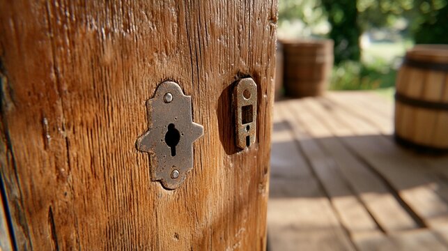 Close-up of aged wooden door with ornate lock.  Outdoor setting with barrels - Powered by Adobe