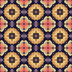 Seamless patterns, geometric flowers, dark purple background, pale purple, light green and red flowers. Vector patterns are used for wallpaper curtains and tiles.