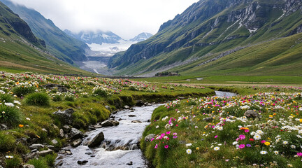 A stream in a mountain valley. The mountains are shrouded in fog. AI generation.