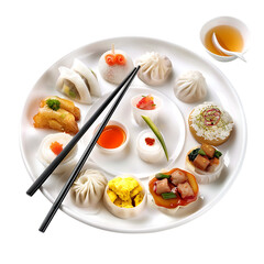 Assorted delicious dim sum dishes on a plate isolated on transparent background
