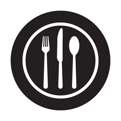 Spoon fork, knife, and plate icon. Cutlery icon set in line and flat style. Dinnerware icon symbol in the circle. Restaurant and Catering icon set sign and symbol. Vector illustration.