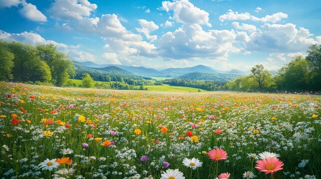 Colorful meadow flowers bloom in a valley with rolling hills and a clear blue sky. Lush greenery, vibrant blossoms, and a breathtaking landscape