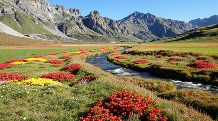 A mountain stream stretching into the distance. AI generation.