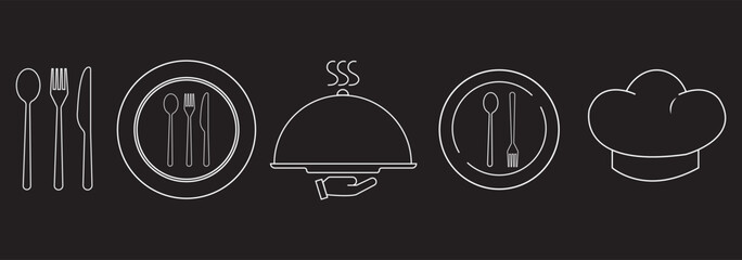 Spoon fork, knife, and plate icon. Cutlery icon set in line and flat style. Dinnerware icon symbol in the circle. Restaurant and Catering icon set sign and symbol. Vector illustration.