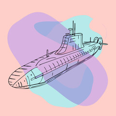 A detailed line illustration of a submarine with overlaid pastel shapes, perfect for blogs on naval history, ocean exploration, or abstract maritime themes.